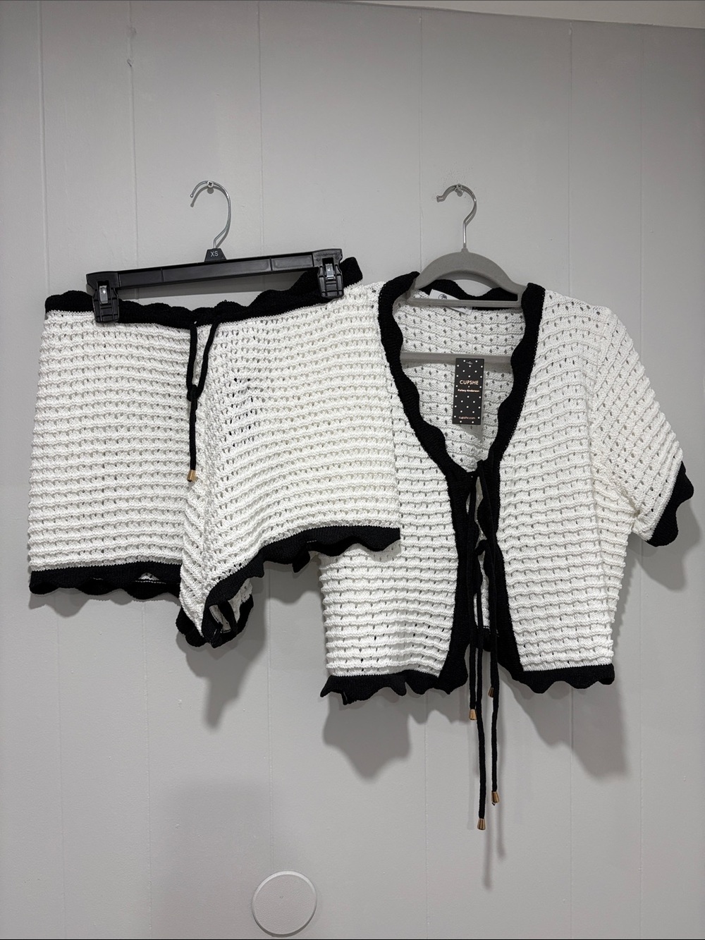 Cupshe White Crochet Knit Two-Piece Coverup with Black Trim